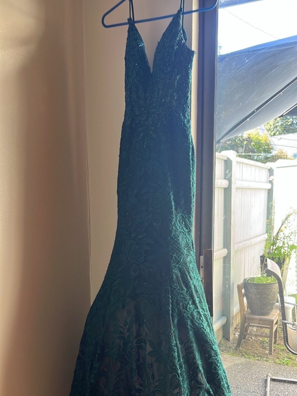 La Femme Teal Green Lace Evening Gown with Iridescent Beading
